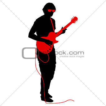 Silhouette musician plays the guitar on a white background