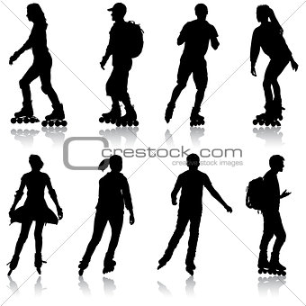 Black set silhouette of an athlete on roller skates on a white background
