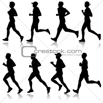 Set of silhouettes. Runners on sprint, man and woman