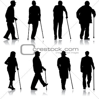 Set silhouette of disabled people on a white background