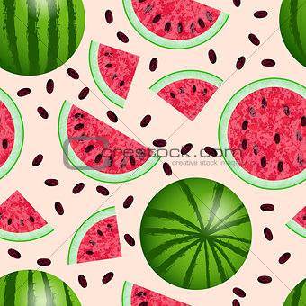 Watermelon - a whole, from different sides, cut off half, cut slice, cut quarters. Seamless Pattern. Texture of the watermelon with seed. Vector illustration. Pink background