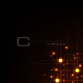 Digital circuit on a dark orange background.
