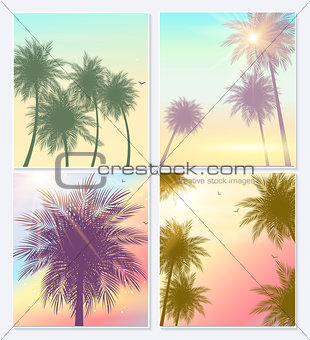 Summer Time Natural Palm Banners or posters, flyer template. Background set with palms, leaves, sea, clouds, sky, beach colors. Vector Illustration