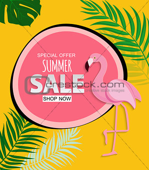 Abstract Tropical Summer Sale Background with Flamingo and Leaves. Vector Illustration