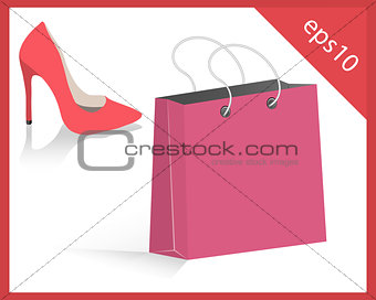 red women shoes and pink shopping bag