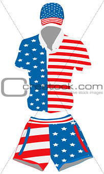 set of clothes in the summer tourism style: a cap, a polo shirt and shorts in the style of the United States flag