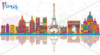 Paris France City Skyline with Color Buildings and Reflections. 