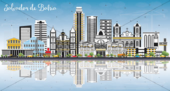 Salvador de Bahia City Skyline with Color Buildings, Blue Sky an