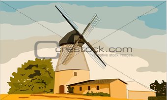 Summer landscape with old windmill in the field