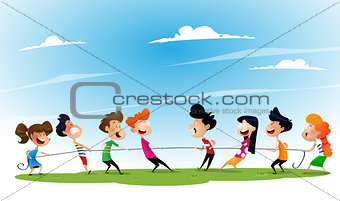 Fun cartoon boys and girls pulling rope.