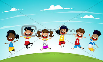 Happy school multiracial children joyfully jumping .