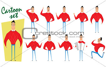 Set of cartoon guy in casual clothes in different poses