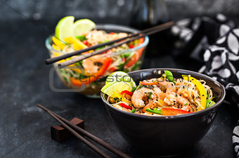 Delicious asian rice glass noodles with prawns and vegetables  (