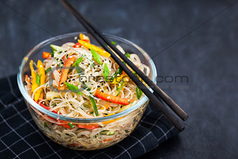 Delicious asian rice glass noodles with vegetables (wok) 