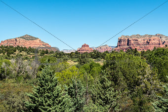 View from Red Rock Park Ranger Station of Castle Rock, Bell Rock, and Courthouse Butte