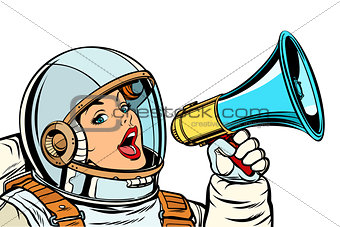 woman astronaut with megaphone isolate on white background