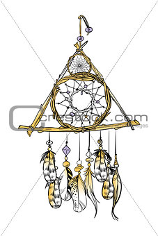 Vector illustration with hand drawn dream catcher. Watercolor brush strokes. Ornate ethnic items, feathers, beads.