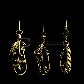 Luxury hand drawn golden feathers isolated on a black background. Vector elements for your design.