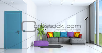 Bright living room with colorful sofa