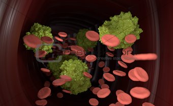 Virus in blood flow 3d illustration