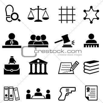 Justice, law, legal and lawyer icon set