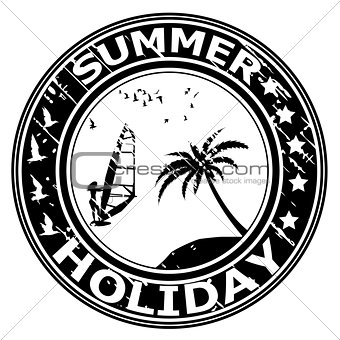 Summer holiday rubber stamp with palm tree and surfer silhouette