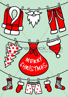 Santa Claus clothesline, vector Christmas card