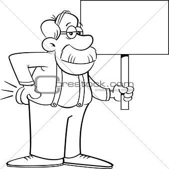Cartoon old man holding a sign.
