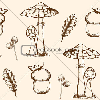 Seamless pattern with mushrooms and leaves