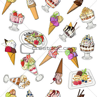 Seamless pattern with various icecreams in cones, plates and bow