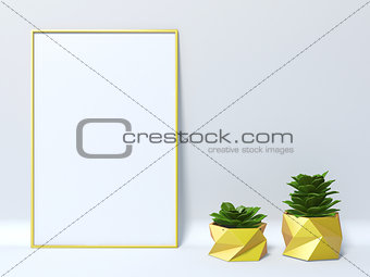 Mock up yellow blank picture frame with two succulent 3D