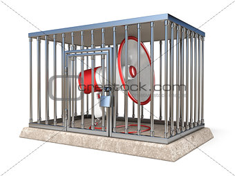 Megaphone inside metal cage 3D render illustration on white back