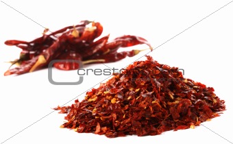 pile of Hot Red Chilli Chillies pepper dried and crushed