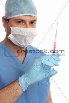 Surgeon haematologist  in scrubs with syringe needle