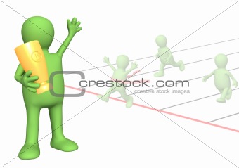 3d puppet - sportsman, holding in hands a cup