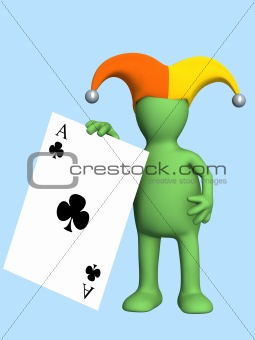 3d joker - puppet, holding in a hand of a black ace