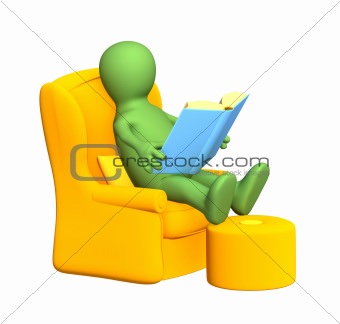 3d person - puppet, reading the book in a soft armchair