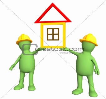 Two builders - puppets, holding in hands the stylized house