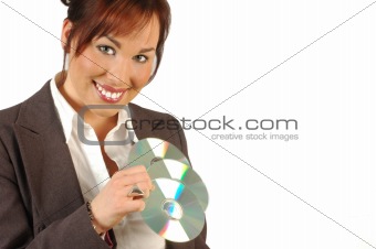 business woman holding cd's
