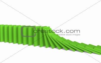 A line of green 3d falling figures of a dominoes