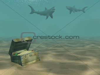 3d sharks floating above a box with treasures