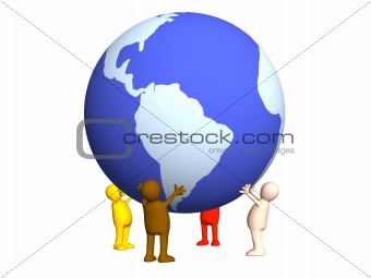 Four stylized persons holding on hands the Earth