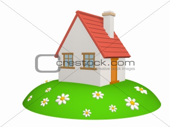 3d house on a green hill, with camomiles