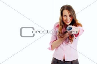 attractive young woman shooting with umbrella (focus on hand)