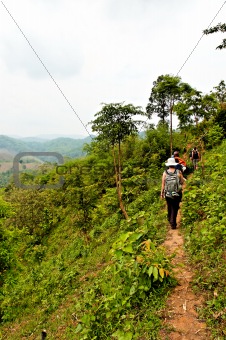 Travellers hiking in jungle mountains in northern Thailand