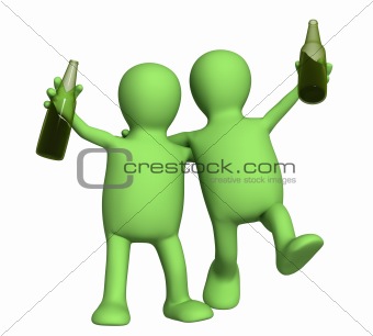 Two cheerful friends with bottles of beer 