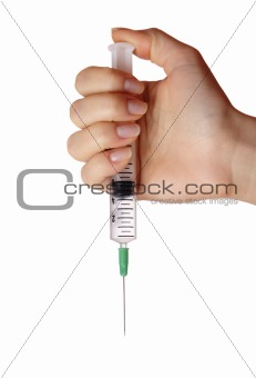 Hand holding syringe.Ioslated on white background.