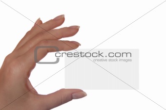 Female hand holding blank card.Isolated on white background.