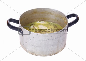 Dirty pot with soup,isolated on white background