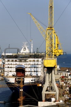 Ferry-boat under construction in a shipyard